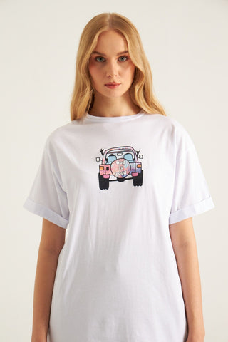Beyaz Baskılı Oversize Tshirt - MathildaStore