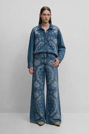 Etnik Desenli Denim Takım