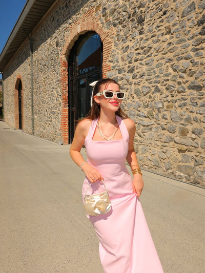 Halter Yaka Yırtmaçlı Midi Elbise