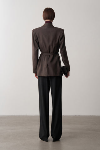 Lorn Kruvaze Kemerli Çizgili Ceket