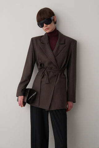 Lorn Kruvaze Kemerli Çizgili Ceket