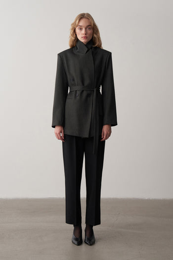 Lorn Kruvaze Kemerli Çizgili Ceket