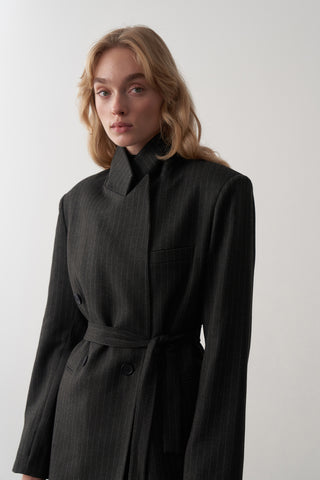 Lorn Kruvaze Kemerli Çizgili Ceket