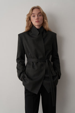 Lorn Kruvaze Kemerli Çizgili Ceket