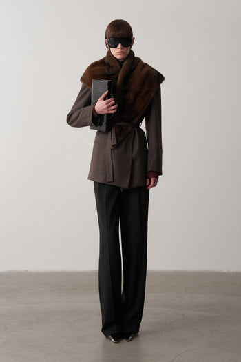 Lorn Kruvaze Kemerli Çizgili Ceket