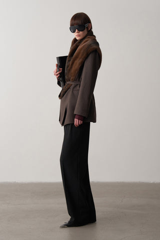 Lorn Kruvaze Kemerli Çizgili Ceket