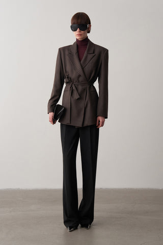 Lorn Kruvaze Kemerli Çizgili Ceket