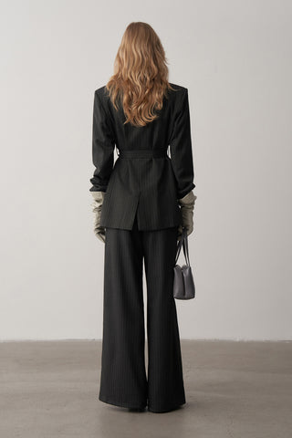 Lorn Kruvaze Kemerli Çizgili Ceket