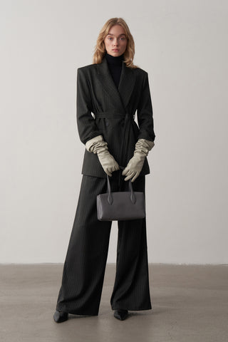 Lorn Kruvaze Kemerli Çizgili Ceket