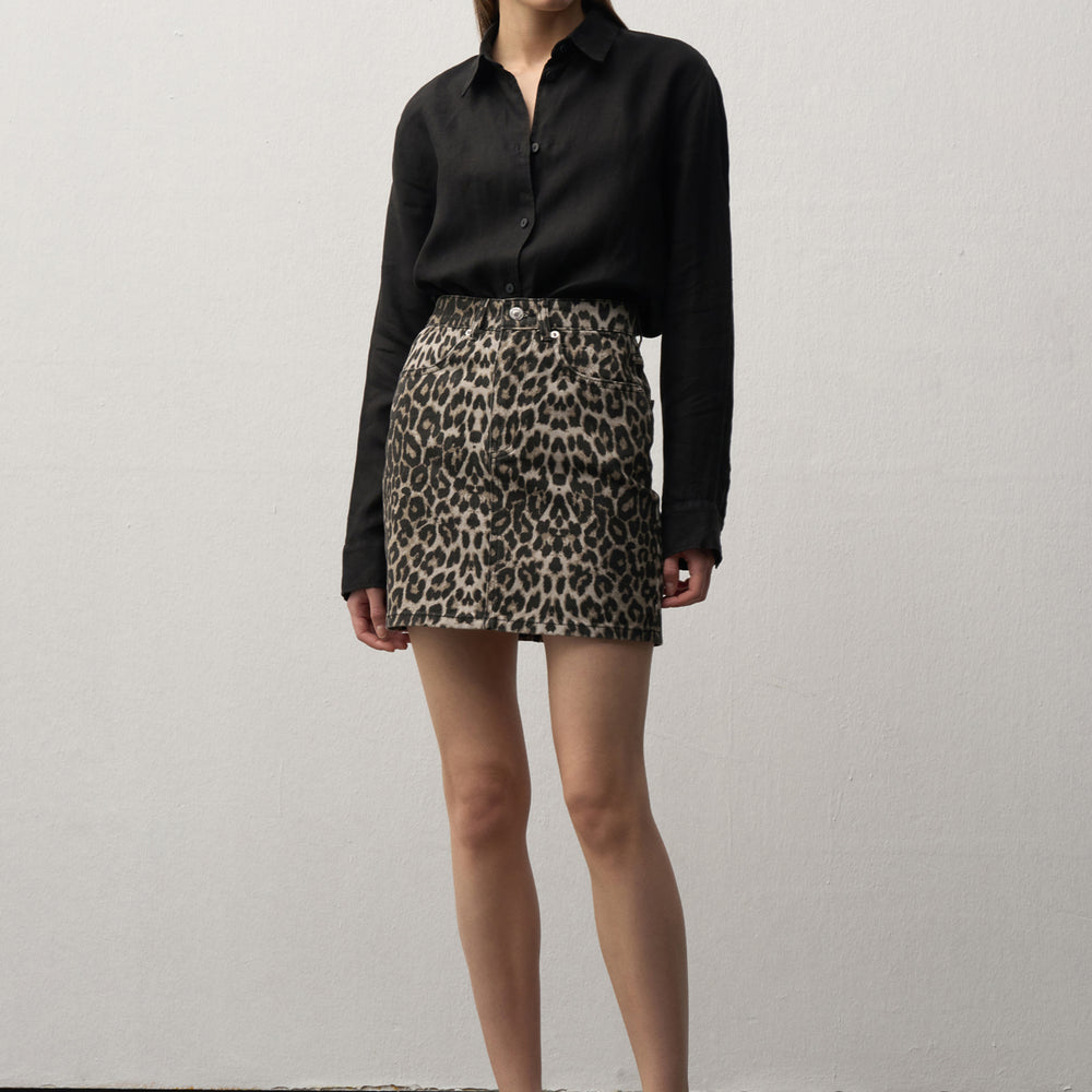 Leopar Desenli Denim Mini Etek