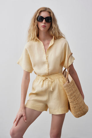 Lastikli Bel Keten Şort