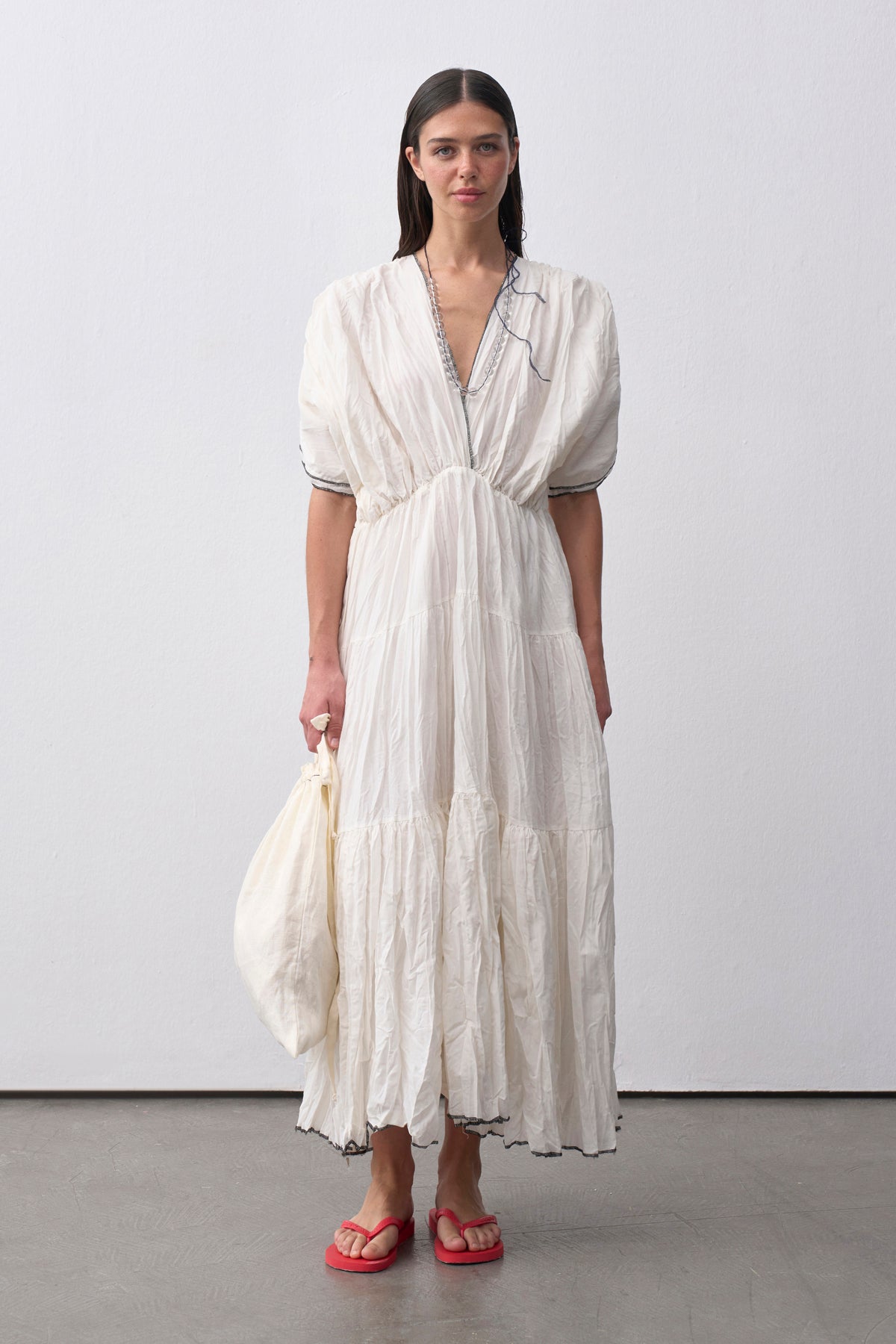 Crinkle V Yaka Maxi Elbise