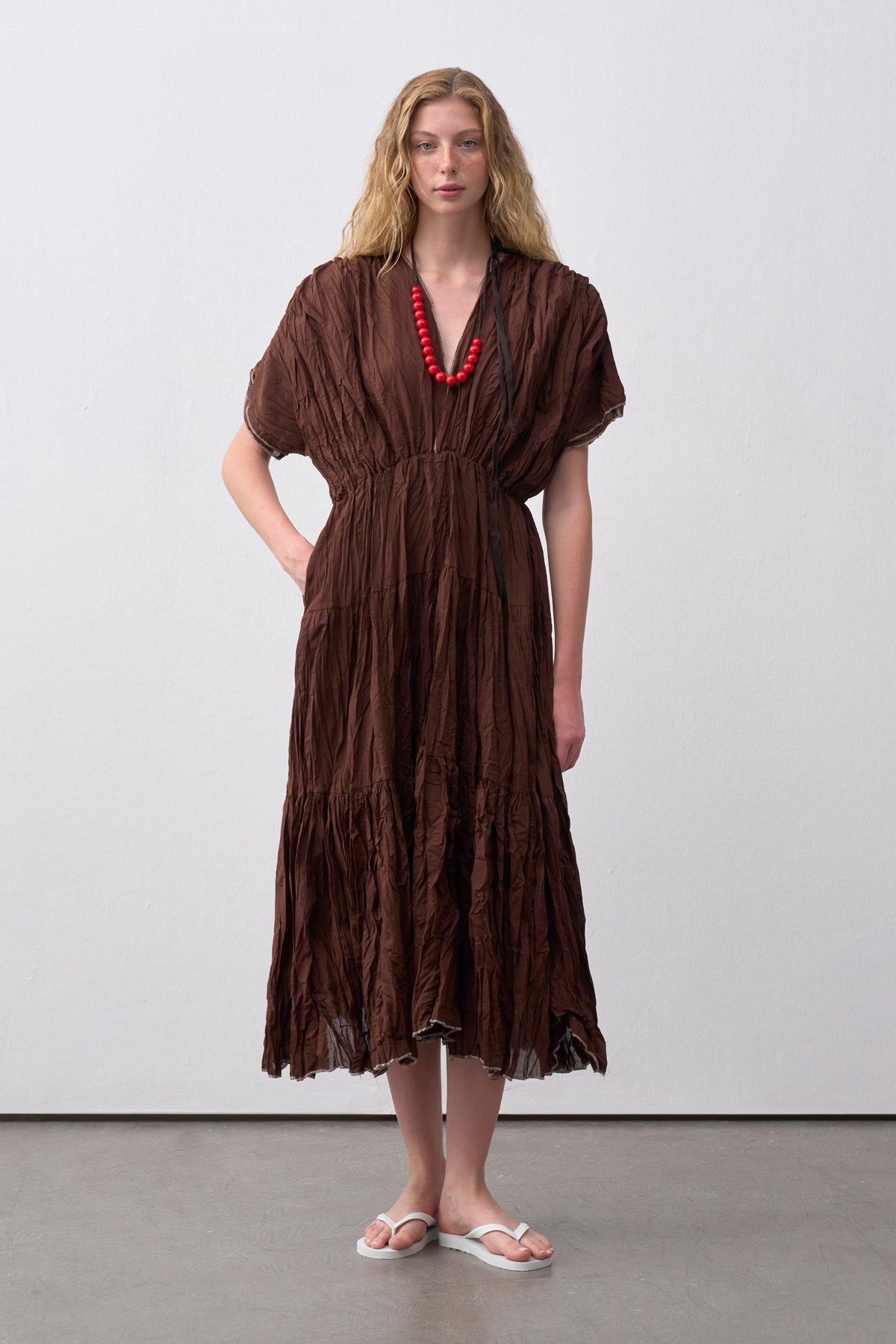 Crinkle V Yaka Maxi Elbise